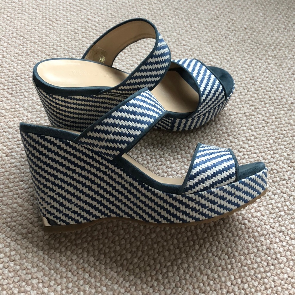 Jimmy Choo blue and white woven wedges